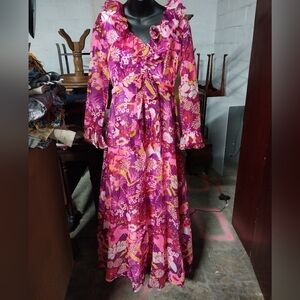 70s Floral Pink and Purple Maxi Dress